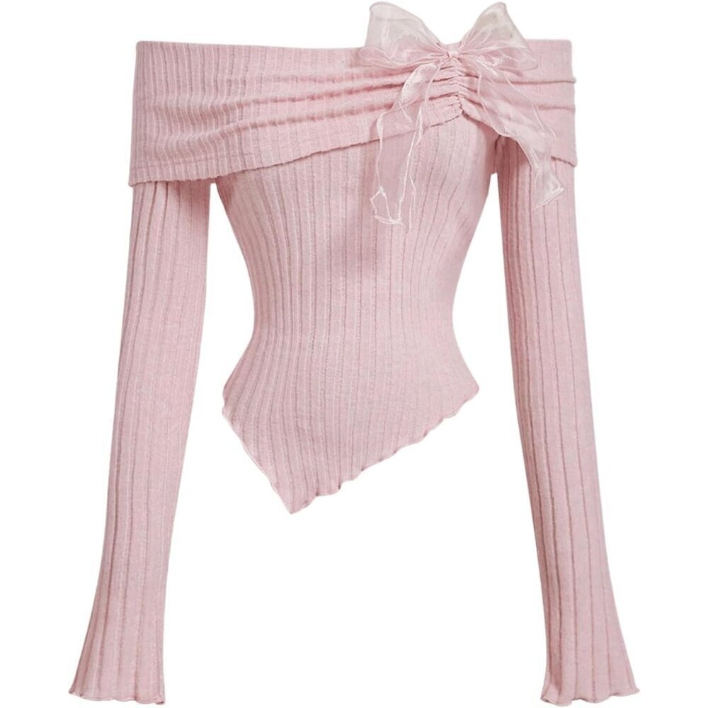 Women's Off Shoulder Crop Top Long Sleeve Bow Ruched Shirt for Casual
